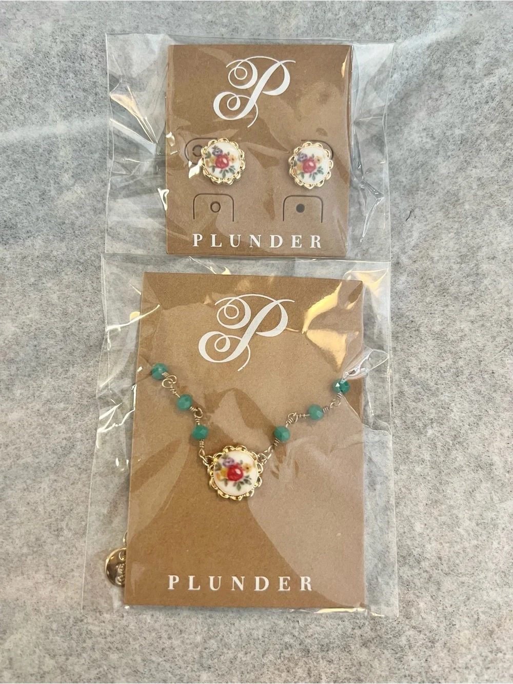 Gold Floral Necklace and Earring Set with Teal Beads and Pink Flower NWT